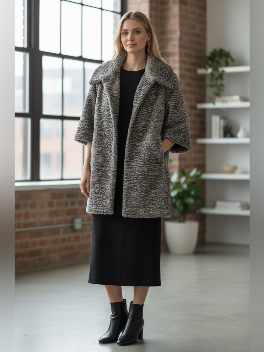 Poleci Women’s Gray Faux Fur Coat - Elegant Oversized Jacket size 2